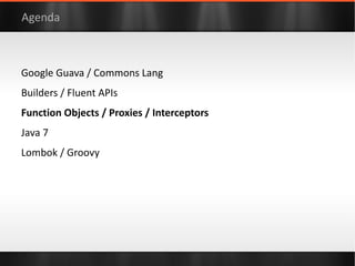 import  com.google.common.base.Predicate; Predicate<Person> predicate =  new  Predicate<Person>() { public   boolean  apply(Person input) { return  input.getName().contains( "o" ); } }; Iterable<Person> filteredList = Iterables . filter ( people, predicate); assert  Iterables. contains (filteredList, bob); assert  Iterables. contains (filteredList, carol); assert  !Iterables. contains (filteredList, alice); 