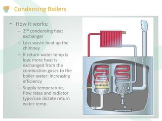 Condensing Boilers
• How it works:
– 2nd condensing heat
exchanger
– Less waste heat up the
chimney
– If return water temp is
low, more heat is
exchanged from the
combustion gases to the
boiler water: increasing
efficiency
– Supply temperature,
flow rates and radiator
type/size dictate return
water temp.
 