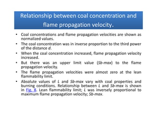 Relationship between coal concentration and
flame propagation velocity.
Relationship between coal concentration and
flame propagation velocity.
• Coal concentrations and flame propagation velocities are shown as
normalized values.
• The coal concentration was in inverse proportion to the third power
of the distance d.
• When the coal concentration increased, flame propagation velocity
increased.
• But there was an upper limit value (Sb-max) to the flame
propagation velocity.
• The flame propagation velocities were almost zero at the lean
flammability limit.
• Absolute values of L and Sb-max vary with coal properties and
burning conditions. Relationship between L and Sb-max is shown
in Fig. 8. Lean flammability limit; L was inversely proportional to
maximum flame propagation velocity; Sb-max.
• Coal concentrations and flame propagation velocities are shown as
normalized values.
• The coal concentration was in inverse proportion to the third power
of the distance d.
• When the coal concentration increased, flame propagation velocity
increased.
• But there was an upper limit value (Sb-max) to the flame
propagation velocity.
• The flame propagation velocities were almost zero at the lean
flammability limit.
• Absolute values of L and Sb-max vary with coal properties and
burning conditions. Relationship between L and Sb-max is shown
in Fig. 8. Lean flammability limit; L was inversely proportional to
maximum flame propagation velocity; Sb-max.
 