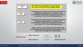 M a r i n e E n g i n e e r i n g K n o w l e d g e U E 2 3 1 | Y A S S E R B . A . F A R A G18 December 2020
Testing
Hydraulic Test
• Before 12th year (1.25xP) if P < 40
(1.20xP)+2 if P > 40
• After 12th year (1.15xP) whatever P value
436
 