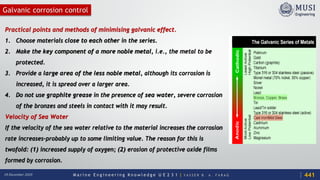 M a r i n e E n g i n e e r i n g K n o w l e d g e U E 2 3 1 | Y A S S E R B . A . F A R A G18 December 2020
Galvanic corrosion control
Practical points and methods of minimising galvanic effect.
1. Choose materials close to each other in the series.
2. Make the key component of a more noble metal, i.e., the metal to be
protected.
3. Provide a large area of the less noble metal, although its corrosion is
increased, it is spread over a larger area.
4. Do not use graphite grease in the presence of sea water, severe corrosion
of the bronzes and steels in contact with it may result.
Velocity of Sea Water
If the velocity of the sea water relative to the material increases the corrosion
rate increases-probably up to some limiting value. The reason for this is
twofold: (1) increased supply of oxygen; (2) erosion of protective oxide films
formed by corrosion.
441
 