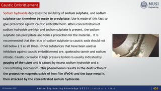 M a r i n e E n g i n e e r i n g K n o w l e d g e U E 2 3 1 | Y A S S E R B . A . F A R A G18 December 2020
Sodium hydroxide depresses the solubility of sodium sulphate, and sodium
sulphate can therefore be made to precipitate. Use is made of this fact to
give protection against caustic embrittlement. When concentrations of
sodium hydroxide are high and sodium sulphate is present, the sodium
sulphate can precipitate and form a protection for the material.. It is
recommended that the ratio of sodium sulphate to caustic soda should not
fall below 2.5 at all times. Other substances that have been used as
inhibitors against caustic embrittlement are, quebracho tannin and sodium
nitrate. Caustic corrosion in high pressure boilers is usually indicated by
gouging of the tubes and is caused by excess sodium hydroxide and a
concentrating mechanism. This phenomenon results in the destruction of
the protective magnetic oxide of iron film (Fe04) and the base metal is
then attacked by the concentrated sodium hydroxide.
451
Caustic Embrittlement
 