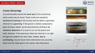 M a r i n e E n g i n e e r i n g K n o w l e d g e U E 2 3 1 | Y A S S E R B . A . F A R A G18 December 2020
Cracks (Grooving)
Circumferentially around the lower part of the connecting
necks cracks may be found. These cracks are caused by
mechanical straining of the furnace and the defect is generally
referred to as grooving. If the groove is shallow compared to
plate thickness (depth can be ascertained by drilling or by
ultrasonic detection) it is usual to cut out the groove and
weld. However, if the grooving is deep the material is cut right
through and welded from both sides. Cracks, due to
overheating, may be found where deformation has occurred,
these must be made good in the manner described above.
Auxiliary Boiler defects
454
 