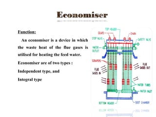  Function:
An economiser is a device in which
the waste heat of the flue gases is
utilised for heating the feed water.
 Economiser are of two types :
a) Independent type, and
b) Integral type
 