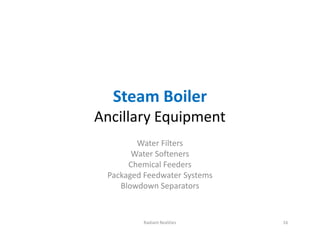 Steam Boiler
Ancillary Equipment
Steam Boiler
Ancillary Equipment
16
Radiant Realities
Water Filters
Water Softeners
Chemical Feeders
Packaged Feedwater Systems
Blowdown Separators
 