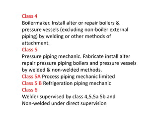 Class 4
Boilermaker. Install alter or repair boilers &
pressure vessels (excluding non-boiler external
piping) by welding or other methods of
attachment.
Class 5
Pressure piping mechanic. Fabricate install alter
repair pressure piping boilers and pressure vessels
by welded & non-welded methods.
Class 5A Process piping mechanic limited
Class 5 B Refrigeration piping mechanic
Class 6
Welder supervised by class 4,5,5a 5b and
Non-welded under direct supervision
Class 4
Boilermaker. Install alter or repair boilers &
pressure vessels (excluding non-boiler external
piping) by welding or other methods of
attachment.
Class 5
Pressure piping mechanic. Fabricate install alter
repair pressure piping boilers and pressure vessels
by welded & non-welded methods.
Class 5A Process piping mechanic limited
Class 5 B Refrigeration piping mechanic
Class 6
Welder supervised by class 4,5,5a 5b and
Non-welded under direct supervision
 
