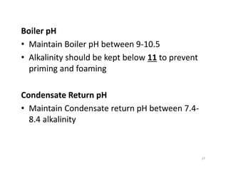 Boiler pH
• Maintain Boiler pH between 9-10.5
• Alkalinity should be kept below 11 to prevent
priming and foaming
Condensate Return pH
• Maintain Condensate return pH between 7.4-
8.4 alkalinity
Boiler pH
• Maintain Boiler pH between 9-10.5
• Alkalinity should be kept below 11 to prevent
priming and foaming
Condensate Return pH
• Maintain Condensate return pH between 7.4-
8.4 alkalinity
27
 