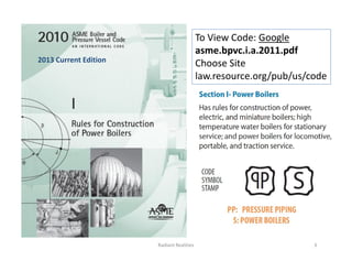 To View Code: Google
asme.bpvc.i.a.2011.pdf
Choose Site
law.resource.org/pub/us/code
2013 Current Edition
Radiant Realities 3
 