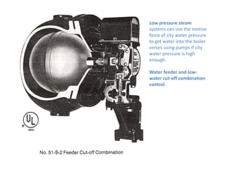 Low pressure steam
systems can use the motive
force of city water pressure
to get water into the boiler
verses using pumps if city
water pressure is high
enough.
Water feeder and low-
water cut-off combination
control.
Low pressure steam
systems can use the motive
force of city water pressure
to get water into the boiler
verses using pumps if city
water pressure is high
enough.
Water feeder and low-
water cut-off combination
control.
 