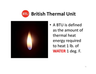 British Thermal Unit
• A BTU is defined
as the amount of
thermal heat
energy required
to heat 1 lb. of
WATER 1 deg. F.
• A BTU is defined
as the amount of
thermal heat
energy required
to heat 1 lb. of
WATER 1 deg. F.
71
 