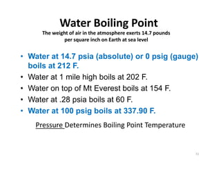 Water Boiling Point
• Water at 14.7 psia (absolute) or 0 psig (gauge)
boils at 212 F.
• Water at 1 mile high boils at 202 F.
• Water on top of Mt Everest boils at 154 F.
• Water at .28 psia boils at 60 F.
• Water at 100 psig boils at 337.90 F.
The weight of air in the atmosphere exerts 14.7 pounds
per square inch on Earth at sea level
• Water at 14.7 psia (absolute) or 0 psig (gauge)
boils at 212 F.
• Water at 1 mile high boils at 202 F.
• Water on top of Mt Everest boils at 154 F.
• Water at .28 psia boils at 60 F.
• Water at 100 psig boils at 337.90 F.
72
Pressure Determines Boiling Point Temperature
 