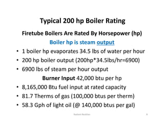 Typical 200 hp Boiler Rating
Firetube Boilers Are Rated By Horsepower (hp)
Boiler hp is steam output
• 1 boiler hp evaporates 34.5 lbs of water per hour
• 200 hp boiler output (200hp*34.5lbs/hr=6900)
• 6900 lbs of steam per hour output
Burner Input 42,000 btu per hp
• 8,165,000 Btu fuel input at rated capacity
• 81.7 Therms of gas (100,000 btus per therm)
• 58.3 Gph of light oil (@ 140,000 btus per gal)
Firetube Boilers Are Rated By Horsepower (hp)
Boiler hp is steam output
• 1 boiler hp evaporates 34.5 lbs of water per hour
• 200 hp boiler output (200hp*34.5lbs/hr=6900)
• 6900 lbs of steam per hour output
Burner Input 42,000 btu per hp
• 8,165,000 Btu fuel input at rated capacity
• 81.7 Therms of gas (100,000 btus per therm)
• 58.3 Gph of light oil (@ 140,000 btus per gal)
8
Radiant Realities
 