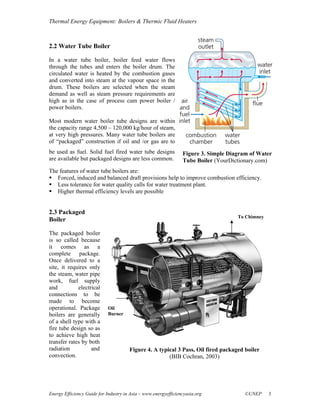 Thermal Energy Equipment: Boilers & Thermic Fluid Heaters



2.2 Water Tube Boiler

In a water tube boiler, boiler feed water flows
through the tubes and enters the boiler drum. The
circulated water is heated by the combustion gases
and converted into steam at the vapour space in the
drum. These boilers are selected when the steam
demand as well as steam pressure requirements are
high as in the case of process cum power boiler /
power boilers.

Most modern water boiler tube designs are within
the capacity range 4,500 – 120,000 kg/hour of steam,
at very high pressures. Many water tube boilers are
of “packaged” construction if oil and /or gas are to
be used as fuel. Solid fuel fired water tube designs             Figure 3. Simple Diagram of Water
are available but packaged designs are less common.              Tube Boiler (YourDictionary.com)
The features of water tube boilers are:
   Forced, induced and balanced draft provisions help to improve combustion efficiency.
   Less tolerance for water quality calls for water treatment plant.
   Higher thermal efficiency levels are possible


2.3 Packaged
                                                                                     To Chimney
Boiler

The packaged boiler
is so called because
it comes as a
complete package.
Once delivered to a
site, it requires only
the steam, water pipe
work, fuel supply
and          electrical
connections to be
made to become
operational. Package         Oil
boilers are generally        Burner
of a shell type with a
fire tube design so as
to achieve high heat
transfer rates by both
radiation          and                 Figure 4. A typical 3 Pass, Oil fired packaged boiler
convection.                                            (BIB Cochran, 2003)




Energy Efficiency Guide for Industry in Asia – www.energyefficiencyasia.org             ©UNEP     3
 