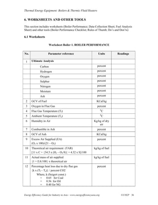 Thermal Energy Equipment: Boilers & Thermic Fluid Heaters


6. WORKSHEETS AND OTHER TOOLS
This section includes worksheets (Boiler Performance; Data Collection Sheet; Fuel Analysis
Sheet) and other tools (Boiler Performance Checklist; Rules of Thumb; Do’s and Don’ts)

6.1 Worksheets

                        Worksheet Boiler 1. BOILER PERFORMANCE


No.                    Parameter reference                               Units        Readings

 1     Ultimate Analysis
               Carbon                                                   percent
               Hydrogen                                                 percent
               Oxygen                                                   percent
               Sulphur                                                  percent
               Nitrogen                                                 percent
               Moisture                                                 percent
               Ash                                                      percent
 2     GCV of Fuel                                                      KCal/kg
 3     Oxygen in Flue Gas                                               percent
                                                                              0
 4     Flue Gas Temperature (Tf)                                                  C
                                                                              0
 5     Ambient Temperature (Ta)                                                   C
 6     Humidity in Air                                               Kg/kg of dry
                                                                         air
 7     Combustible in Ash                                               percent
 8     GCV of Ash                                                       KCal/kg
 9     Excess Air Supplied (EA)                                         percent
       (O2 x 100)/(21 – O2)
10     Theoretical air requirement (TAR)                             kg/kg of fuel
       [11 x C + {34.5 x (H2 – O2/8)} + 4.32 x S]/100
11     Actual mass of air supplied                                   kg/kg of fuel
       {1 + EA/100} x theoretical air
12     Percentage heat loss due to dry flue gas                         percent
       {k x (Tf – Ta)} / percent CO2
           Where, k (Seigert const.)
              = 0.65 for Coal
              = 0.56 for Oil
              = 0.40 for NG


Energy Efficiency Guide for Industry in Asia – www.energyefficiencyasia.org             ©UNEP 36
 