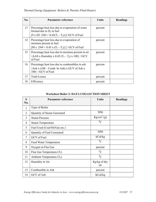 Thermal Energy Equipment: Boilers & Thermic Fluid Heaters


No.                    Parameter reference                               Units        Readings

13     Percentage heat loss due to evaporation of water                 percent
       formed due to H2 in fuel
       [9 x H2 {584 + 0.45(Tf – Ta)}]/ GCV of Fuel
14     Percentage heat loss due to evaporation of                       percent
       moisture present in fuel
       [M x {584 + 0.45 x (Tf – Ta)}] / GCV of Fuel
15     Percentage heat loss due to moisture present in air              percent
       {AAS x Humidity x 0.45 (Tf – Ta) x 100} / GCV
       of Fuel
16     Percentage heat loss due to combustibles in ash                  percent
       {Ash x (100 – Comb. In Ash) x GCV of Ash x
       100} / GCV of Fuel
17     Total Losses                                                     percent
18     Efficiency                                                       percent



                      Worksheet Boiler 2: DATA COLLECTION SHEET
 S                     Parameter reference                               Units        Readings
No.
 1     Type of Boiler
 2     Quantity of Steam Generated                                        TPH
 3     Steam Pressure                                                 Kg/cm2 (g)
                                                                              0
 4     Steam Temperature                                                          C
 5     Fuel Used (Coal/Oil/Gas etc.)
 6     Quantity of Fuel Consumed                                          TPH
 7     GCV of Fuel                                                      kCal/kg
                                                                              0
 8     Feed Water Temperature                                                     C
 9     Oxygen in Flue Gas                                               percent
                                                                              0
10     Flue Gas Temperature (Tf)                                                  C
                                                                              0
11     Ambient Temperature (Ta)                                                   C
12     Humidity in Air                                               Kg/kg of dry
                                                                         air
13     Combustible in Ash                                               percent
14     GCV of Ash                                                       KCal/kg




Energy Efficiency Guide for Industry in Asia – www.energyefficiencyasia.org             ©UNEP 37
 