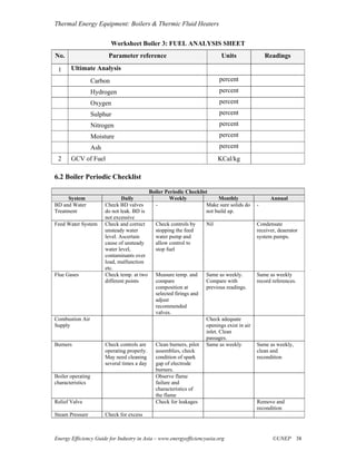 Thermal Energy Equipment: Boilers & Thermic Fluid Heaters


                            Worksheet Boiler 3: FUEL ANALYSIS SHEET
No.                       Parameter reference                                  Units                Readings

 1     Ultimate Analysis
                   Carbon                                                     percent
                   Hydrogen                                                   percent
                   Oxygen                                                     percent
                   Sulphur                                                    percent
                   Nitrogen                                                   percent
                   Moisture                                                   percent
                   Ash                                                        percent
 2     GCV of Fuel                                                            KCal/kg

6.2 Boiler Periodic Checklist

                                               Boiler Periodic Checklist
      System                     Daily                  Weekly              Monthly                   Annual
BD and Water             Check BD valves         -                     Make sure solids do      -
Treatment                do not leak. BD is                            not build up.
                         not excessive
Feed Water System        Check and correct       Check controls by      Nil                     Condensate
                         unsteady water          stopping the feed                              receiver, deaerator
                         level. Ascertain        water pump and                                 system pumps.
                         cause of unsteady       allow control to
                         water level,            stop fuel
                         contaminants over
                         load, malfunction
                         etc.
Flue Gases               Check temp. at two      Measure temp. and      Same as weekly.         Same as weekly
                         different points        compare                Compare with            record references.
                                                 composition at         previous readings.
                                                 selected firings and
                                                 adjust
                                                 recommended
                                                 valves.
Combustion Air                                                          Check adequate
Supply                                                                  openings exist in air
                                                                        inlet. Clean
                                                                        passages.
Burners                  Check controls are      Clean burners, pilot   Same as weekly          Same as weekly,
                         operating properly.     assemblies, check                              clean and
                         May need cleaning       condition of spark                             recondition
                         several times a day     gap of electrode
                                                 burners.
Boiler operating                                 Observe flame
characteristics                                  failure and
                                                 characteristics of
                                                 the flame
Relief Valve                                     Check for leakages                             Remove and
                                                                                                recondition
Steam Pressure           Check for excess



Energy Efficiency Guide for Industry in Asia – www.energyefficiencyasia.org                            ©UNEP 38
 
