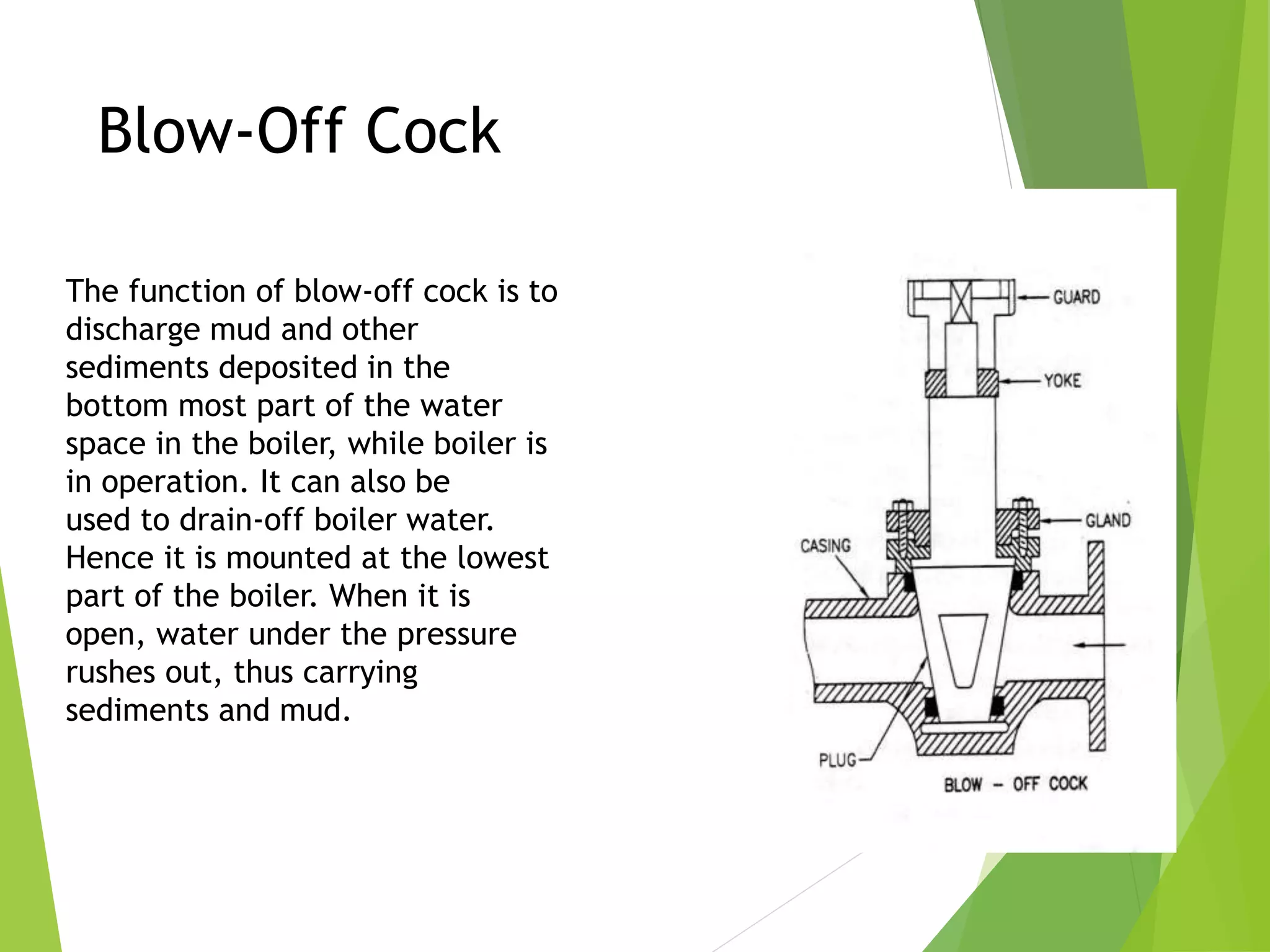 Blow-Off Cock
The function of blow-off cock is to
discharge mud and other
sediments deposited in the
bottom most part of the water
space in the boiler, while boiler is
in operation. It can also be
used to drain-off boiler water.
Hence it is mounted at the lowest
part of the boiler. When it is
open, water under the pressure
rushes out, thus carrying
sediments and mud.
 