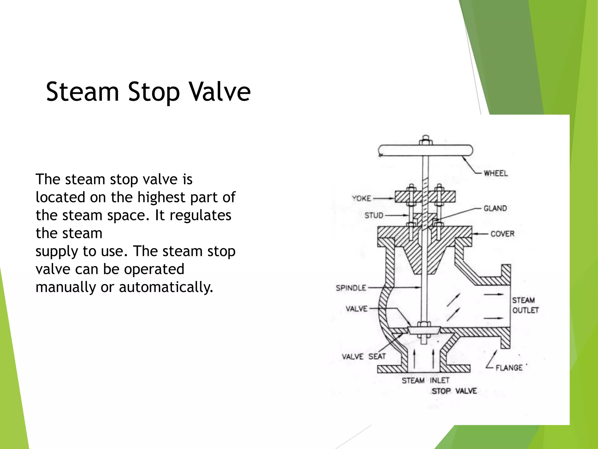 Steam Stop Valve
The steam stop valve is
located on the highest part of
the steam space. It regulates
the steam
supply to use. The steam stop
valve can be operated
manually or automatically.
 