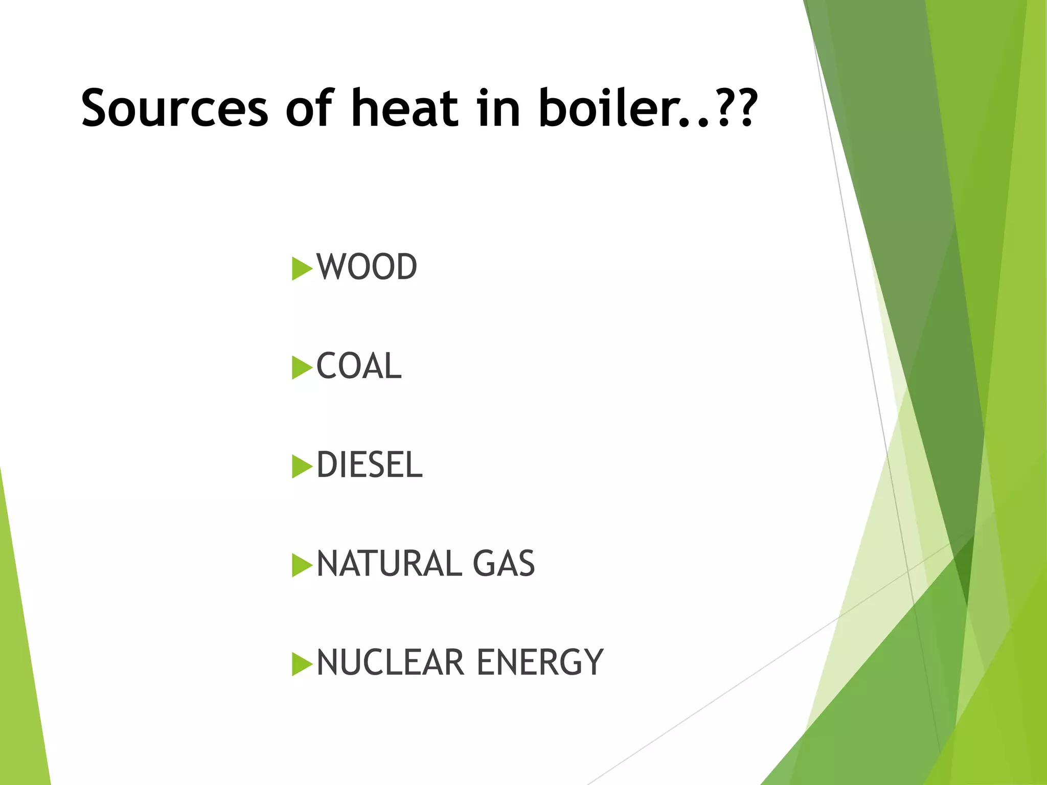Sources of heat in boiler..??
WOOD
COAL
DIESEL
NATURAL GAS
NUCLEAR ENERGY
 