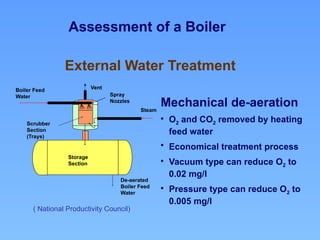 Assessment of a Boiler
External Water Treatment
Steam
Storage
Section
De-aerated
Boiler Feed
Water
Scrubber
Section
(Trays)
Boiler Feed
Water
Vent
Spray
Nozzles
( National Productivity Council)
Mechanical de-aeration
• O2 and CO2 removed by heating
feed water
• Economical treatment process
• Vacuum type can reduce O2 to
0.02 mg/l
• Pressure type can reduce O2 to
0.005 mg/l
 