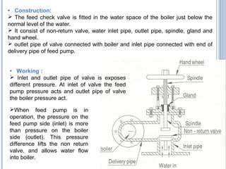 • Construction:
 The feed check valve is fitted in the water space of the boiler just below the
normal level of the water.
 It consist of non-return valve, water inlet pipe, outlet pipe, spindle, gland and
hand wheel.
 outlet pipe of valve connected with boiler and inlet pipe connected with end of
delivery pipe of feed pump.
• Working :
 Inlet and outlet pipe of valve is exposes
different pressure. At inlet of valve the feed
pump pressure acts and outlet pipe of valve
the boiler pressure act.
When feed pump is in
operation, the pressure on the
feed pump side (inlet) is more
than pressure on the boiler
side (outlet). This pressure
difference lifts the non return
valve, and allows water flow
into boiler.
 