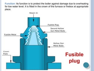 Function: Its function is to protect the boiler against damage due to overheating
for low water level. It is fitted in the crown of the furnace or firebox at appropriate
place.
Fusible
plug
 