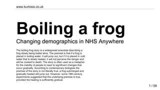 www.kurtosis.co.uk




Boiling a frog
Changing demographics in NHS Anywhere
The boiling frog story is a widespread anecdote describing a
frog slowly being boiled alive. The premise is that if a frog is
placed in boiling water, it will jump out, but if it is placed in cold
water that is slowly heated, it will not perceive the danger and
will be cooked to death. The story is often used as a metaphor
for the inability of people to react to significant changes that
occur gradually. According to contemporary biologists the
premise of the story is not literally true; a frog submerged and
gradually heated will jump out. However, some 19th-century
experiments suggested that the underlying premise is true,
provided the heating is sufficiently gradual.

                                                                         1 / 58
 