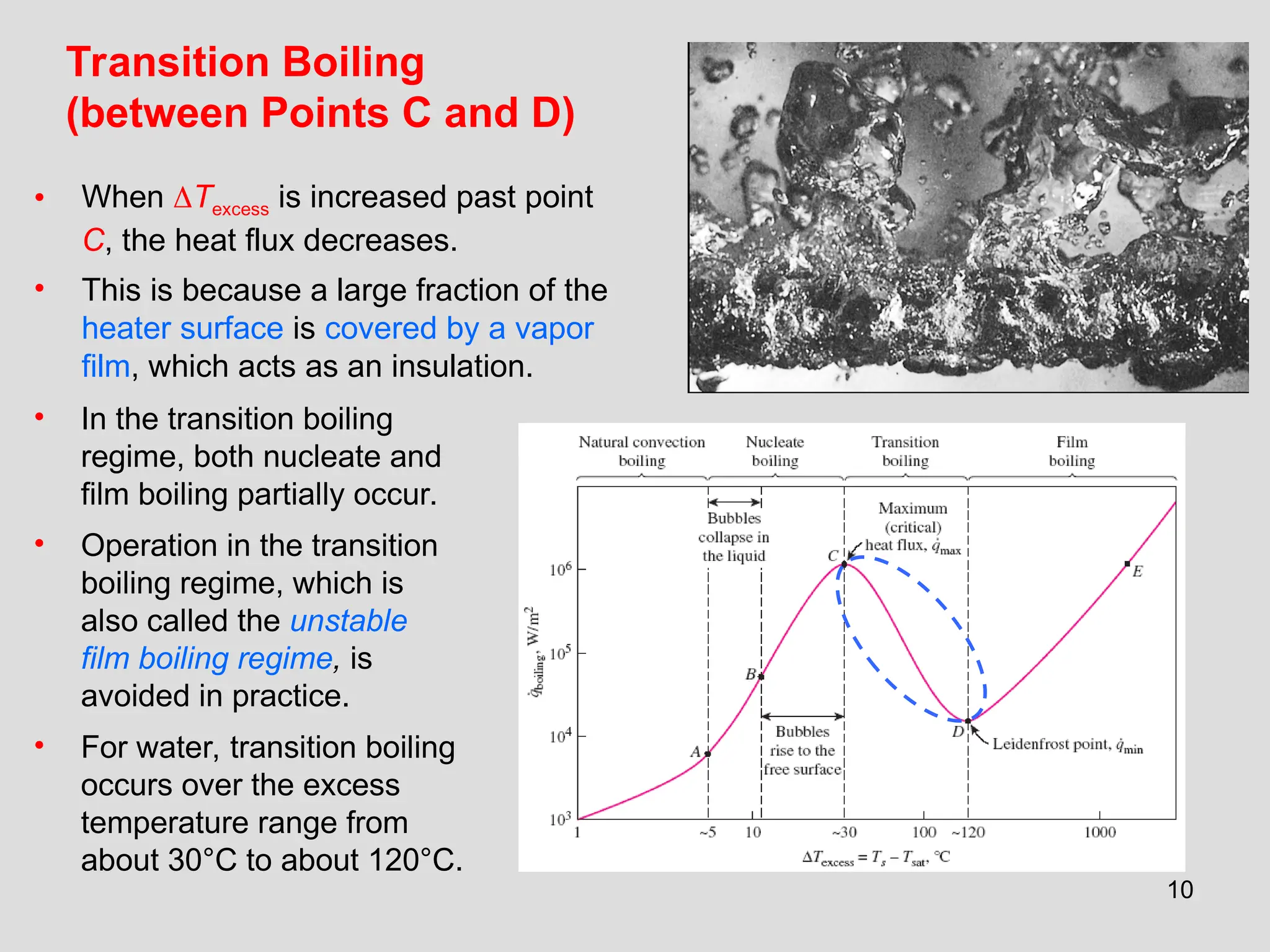10
Transition Boiling
(between Points C and D)
• When Texcess is increased past point
C, the heat flux decreases.
• This is because a large fraction of the
heater surface is covered by a vapor
film, which acts as an insulation.
• In the transition boiling
regime, both nucleate and
film boiling partially occur.
• Operation in the transition
boiling regime, which is
also called the unstable
film boiling regime, is
avoided in practice.
• For water, transition boiling
occurs over the excess
temperature range from
about 30°C to about 120°C.
 