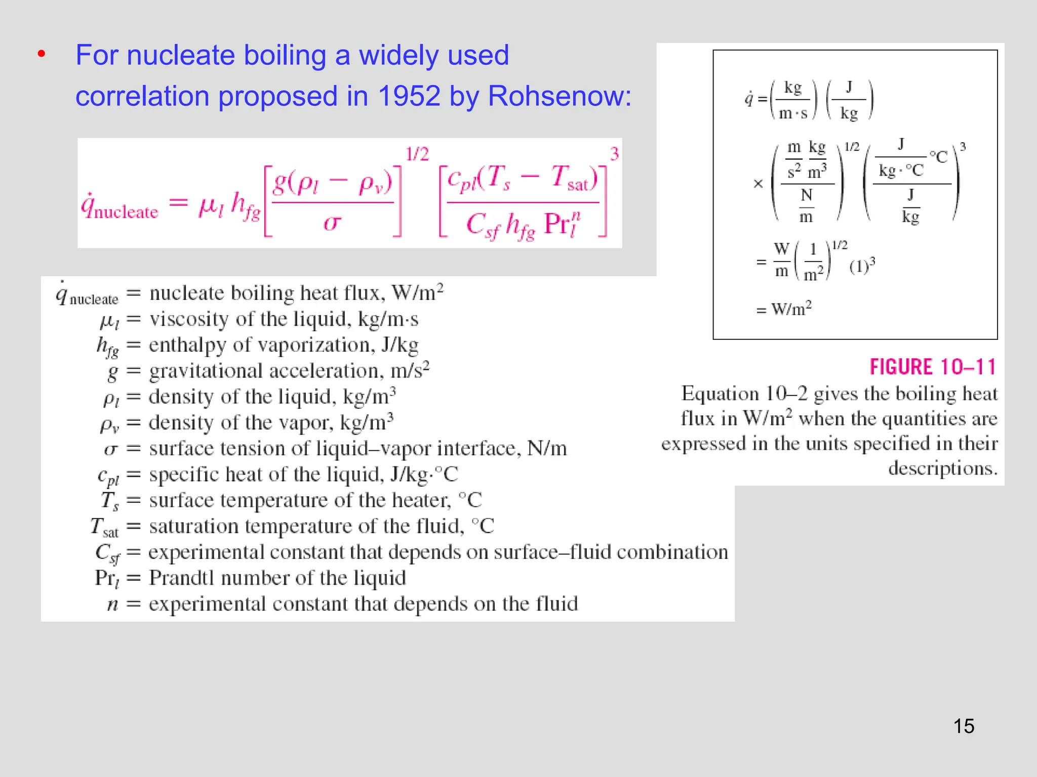 15
• For nucleate boiling a widely used
correlation proposed in 1952 by Rohsenow:
 