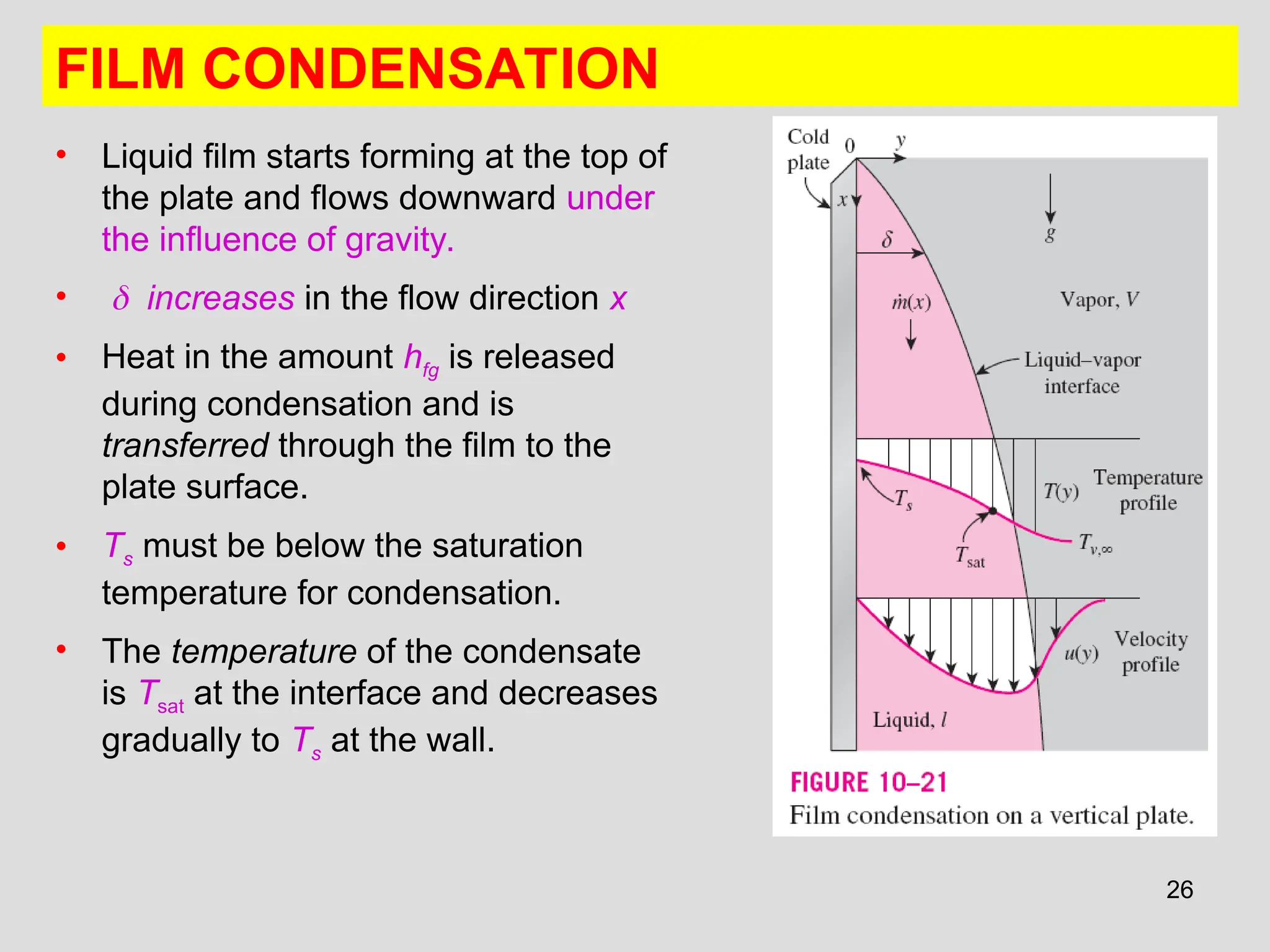 26
• Liquid film starts forming at the top of
the plate and flows downward under
the influence of gravity.
•  increases in the flow direction x
• Heat in the amount hfg is released
during condensation and is
transferred through the film to the
plate surface.
• Ts must be below the saturation
temperature for condensation.
• The temperature of the condensate
is Tsat at the interface and decreases
gradually to Ts at the wall.
FILM CONDENSATION
 