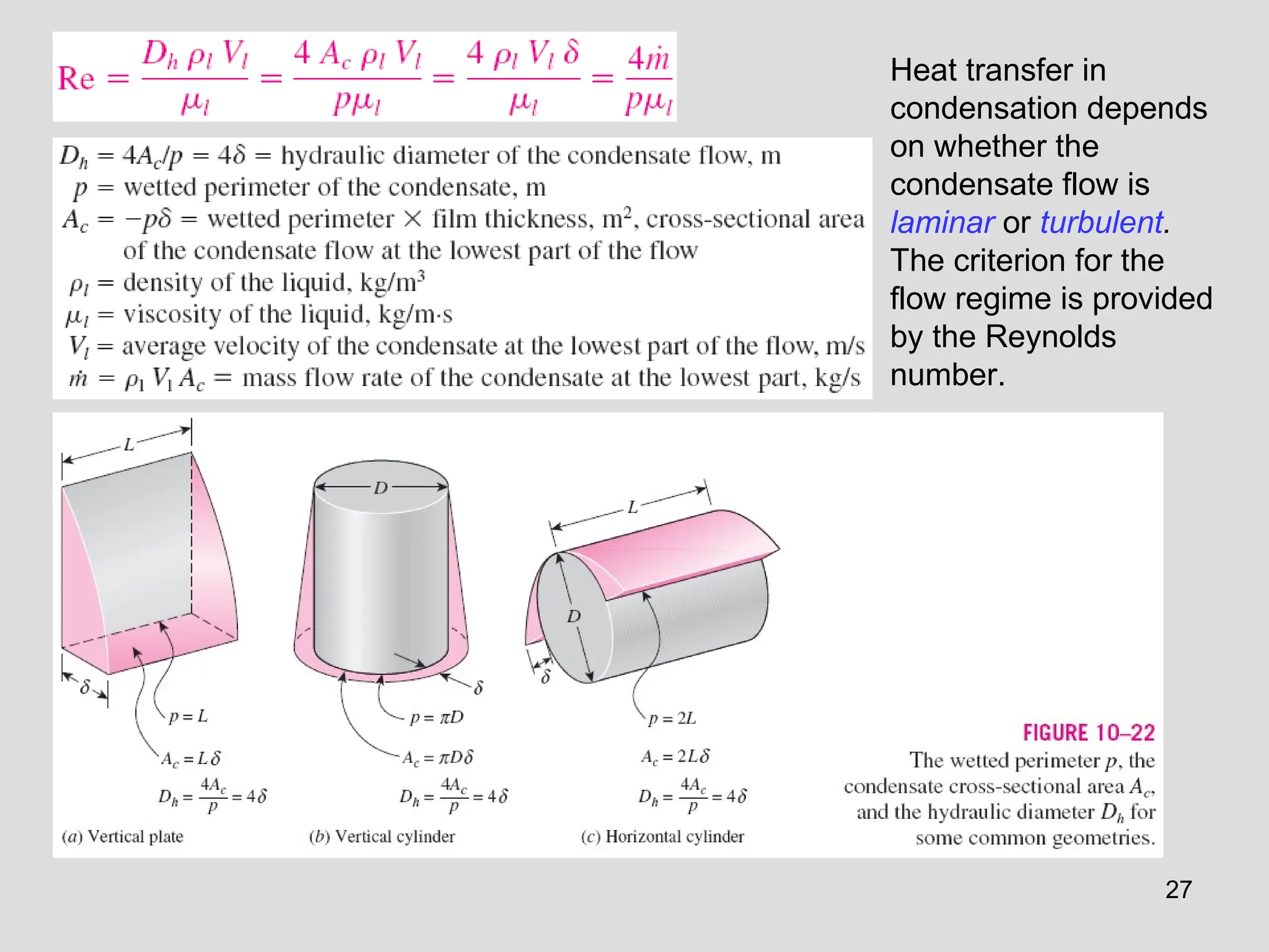 27
Heat transfer in
condensation depends
on whether the
condensate flow is
laminar or turbulent.
The criterion for the
flow regime is provided
by the Reynolds
number.
 