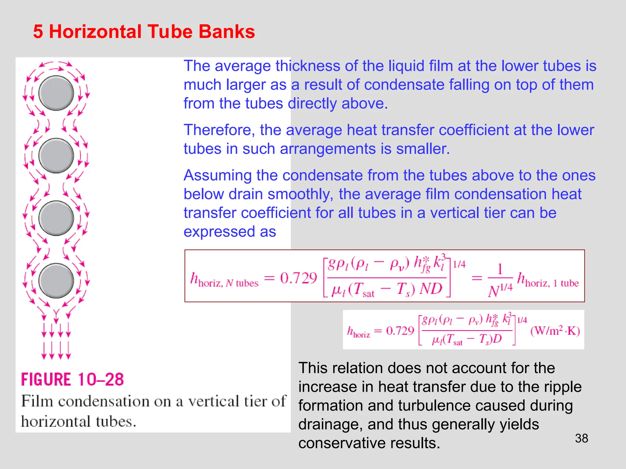 38
5 Horizontal Tube Banks
The average thickness of the liquid film at the lower tubes is
much larger as a result of condensate falling on top of them
from the tubes directly above.
Therefore, the average heat transfer coefficient at the lower
tubes in such arrangements is smaller.
Assuming the condensate from the tubes above to the ones
below drain smoothly, the average film condensation heat
transfer coefficient for all tubes in a vertical tier can be
expressed as
This relation does not account for the
increase in heat transfer due to the ripple
formation and turbulence caused during
drainage, and thus generally yields
conservative results.
 