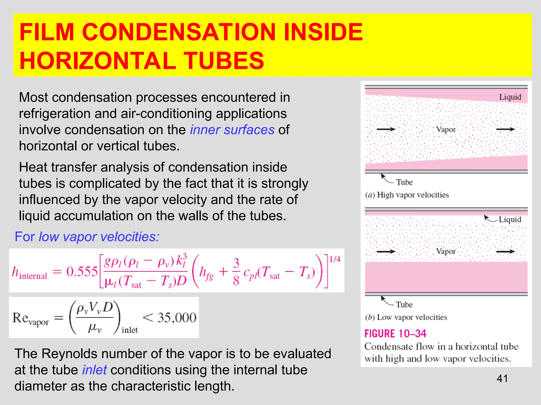 41
FILM CONDENSATION INSIDE
HORIZONTAL TUBES
Most condensation processes encountered in
refrigeration and air-conditioning applications
involve condensation on the inner surfaces of
horizontal or vertical tubes.
Heat transfer analysis of condensation inside
tubes is complicated by the fact that it is strongly
influenced by the vapor velocity and the rate of
liquid accumulation on the walls of the tubes.
For low vapor velocities:
The Reynolds number of the vapor is to be evaluated
at the tube inlet conditions using the internal tube
diameter as the characteristic length.
 