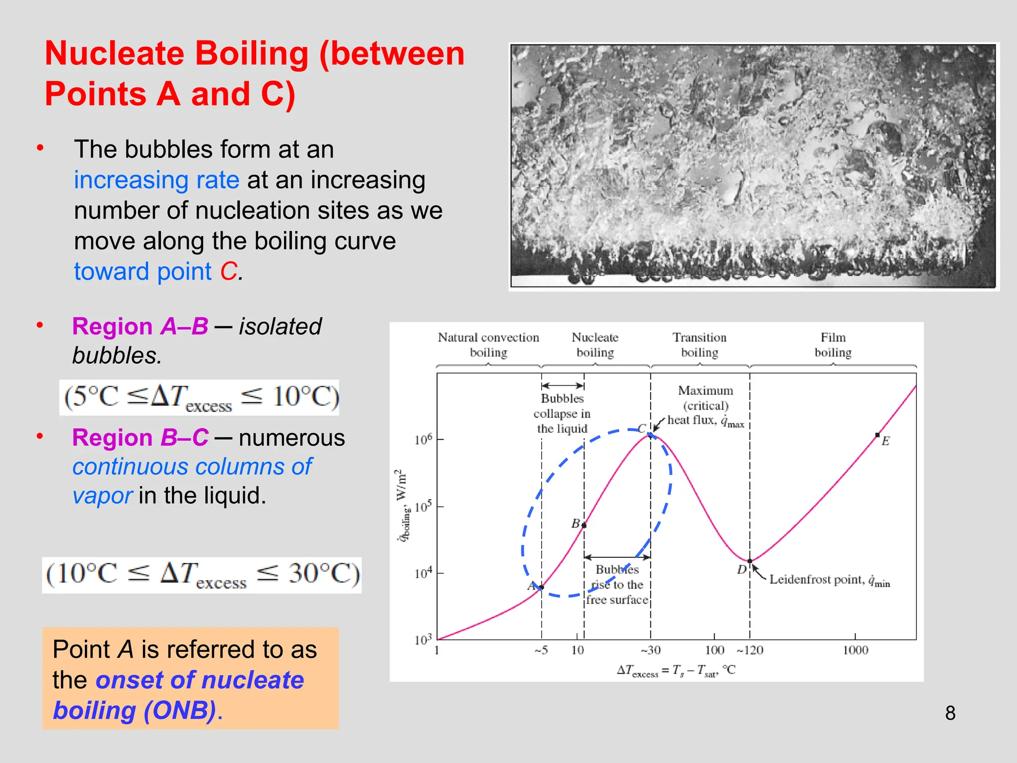 8
• The bubbles form at an
increasing rate at an increasing
number of nucleation sites as we
move along the boiling curve
toward point C.
Nucleate Boiling (between
Points A and C)
• Region A–B ─ isolated
bubbles.
• Region B–C ─ numerous
continuous columns of
vapor in the liquid.
Point A is referred to as
the onset of nucleate
boiling (ONB).
 