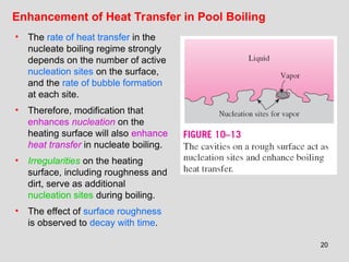 20
Enhancement of Heat Transfer in Pool Boiling
• The rate of heat transfer in the
nucleate boiling regime strongly
depends on the number of active
nucleation sites on the surface,
and the rate of bubble formation
at each site.
• Therefore, modification that
enhances nucleation on the
heating surface will also enhance
heat transfer in nucleate boiling.
• Irregularities on the heating
surface, including roughness and
dirt, serve as additional
nucleation sites during boiling.
• The effect of surface roughness
is observed to decay with time.
 