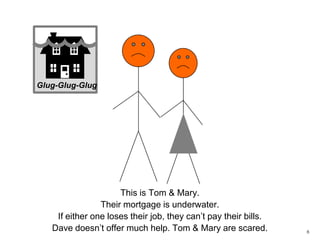 6Glug-Glug-GlugThis is Tom & Mary. Their mortgage is underwater. If either one loses their job, they can’t pay their bills.Dave doesn’t offer much help. Tom & Mary are scared. 