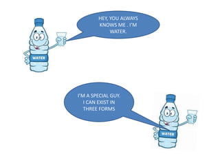 HEY, YOU ALWAYS
KNOWS ME . I’M
WATER.
I’M A SPECIAL GUY.
I CAN EXIST IN
THREE FORMS
 