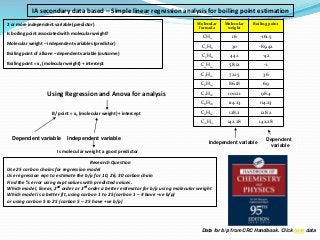 2 or more independent variable (predictor)
Is boiling point associated with molecular weight?
Molecular weight – independe...