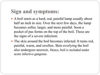 Sign and symptoms:
 A boil starts as a hard, red, painful lump usually about
half an inch in size. Over the next few days, the lump
becomes softer, larger, and more painful. Soon a
pocket of pus forms on the top of the boil. These are
the signs of a severe infection:
 The skin around the boil becomes infected. It turns red,
painful, warm, and swollen. Skin overlying the boil
also undergoes necrosis. Hence, boil is included under
acute infective gangrene.
 