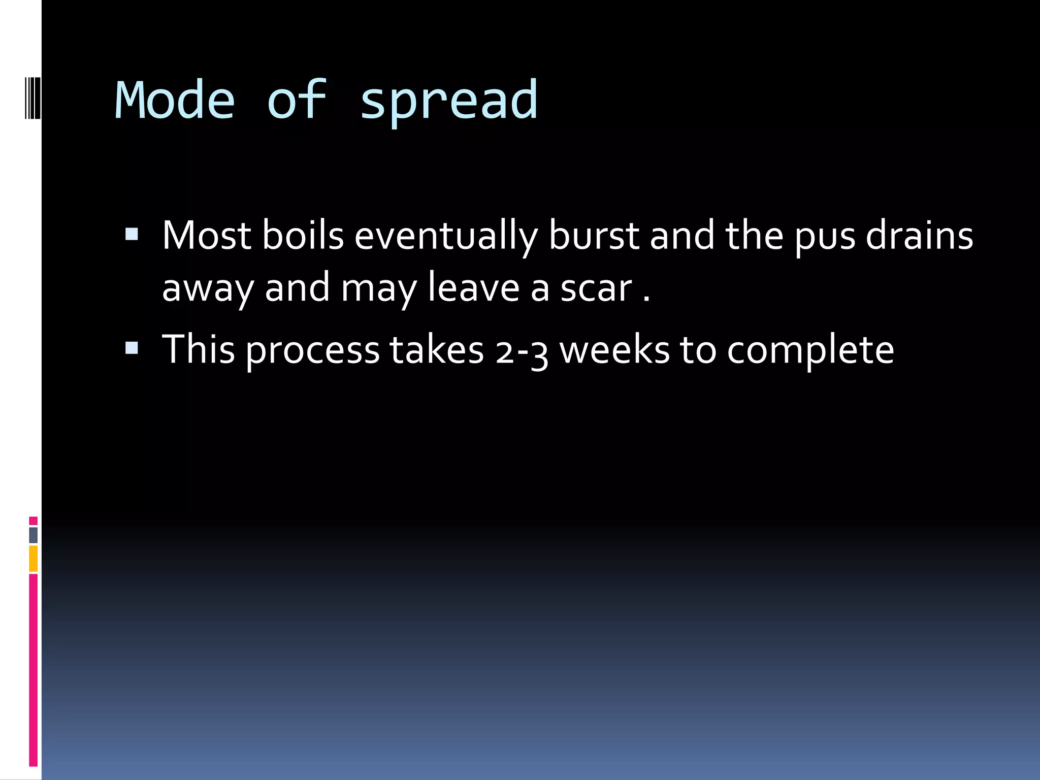 Mode of spread
 Most boils eventually burst and the pus drains
away and may leave a scar .
 This process takes 2-3 weeks to complete
 