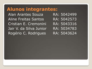 Alunosintegrantes: Alan Arantes Souza		RA: 5042499AlineFreitas Santos	RA: 5042573Cristian E. Cremonini 	RA: 5043316Jair V. da Silva Junior 	RA: 5034783Rogério C. Rodrigues	RA: 5043624