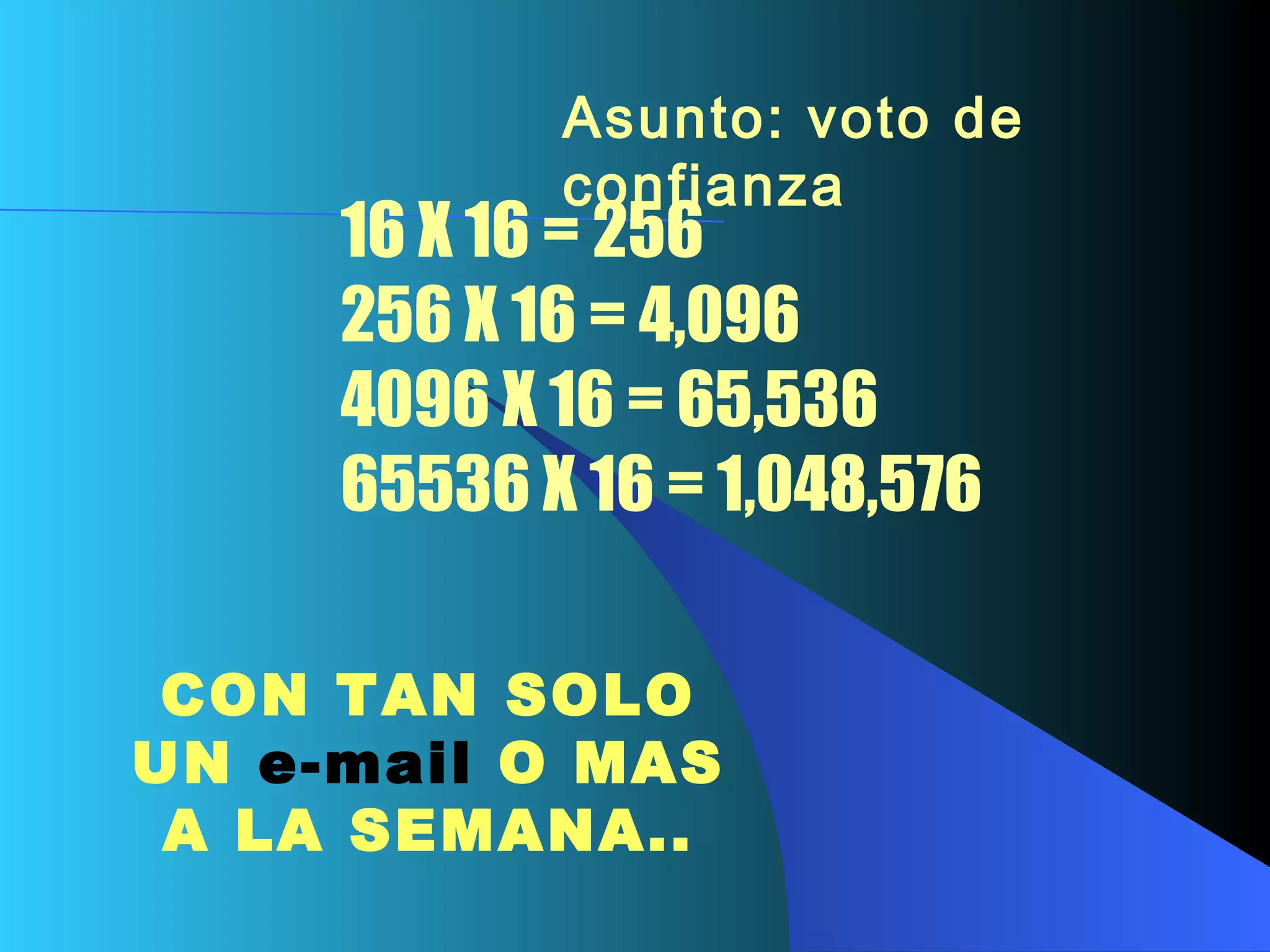 Asunto: voto de confianza   16 X 16 = 256 256 X 16 = 4,096 4096 X 16 = 65,536 65536 X 16 = 1,048,576 CON TAN SOLO UN   e-mail  O  MAS A LA  S EMANA.. 