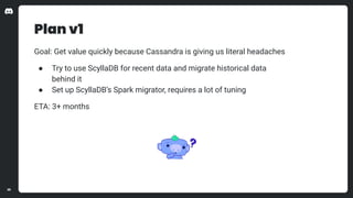 Plan v1
Goal: Get value quickly because Cassandra is giving us literal headaches
● Try to use ScyllaDB for recent data and...
