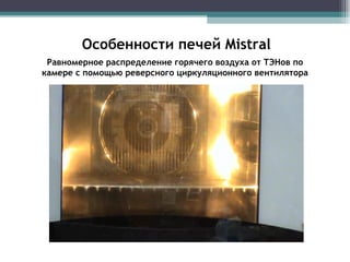Равномерное распределение горячего воздуха от ТЭНов по камере с помощью реверсного циркуляционного вентилятора Особенности печей  Mistral 