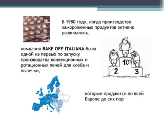 В 1980 году, когда производство замороженных продуктов активно развивалось, компания  BAKE OFF ITALIANA  была одной из первых по запуску производства конвекционных и ротационных печей для хлеба и выпечки, которые продаются по всей Европе до сих пор 