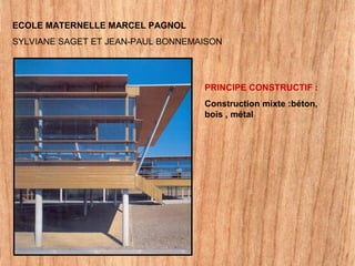 ECOLE MATERNELLE MARCEL PAGNOL
SYLVIANE SAGET ET JEAN-PAUL BONNEMAISON
PRINCIPE CONSTRUCTIF :
Construction mixte :béton,
bois , métal
 