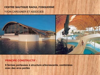 CENTRE NAUTIQUE RAOUL FONQUERNE
YVON CARDUNER ET ASSOCIES
PRINCIPE CONSTRUCTIF :
8 fermes porteuses à structure arborescente, combinées
avec des arcs portés
 