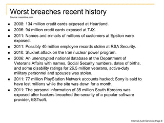  2008: 134 million credit cards exposed at Heartland.
 2006: 94 million credit cards exposed at TJX.
 2011: Names and e-mails of millions of customers at Epsilon were
exposed.
 2011: Possibly 40 million employee records stolen at RSA Security.
 2010: Stuxnet attack on the Iran nuclear power program.
 2006: An unencrypted national database at the Department of
Veterans Affairs with names, Social Security numbers, dates of births,
and some disability ratings for 26.5 million veterans, active-duty
military personnel and spouses was stolen.
 2011: 77 million PlayStation Network accounts hacked; Sony is said to
have lost millions while the site was down for a month.
 2011: The personal information of 35 million South Koreans was
exposed after hackers breached the security of a popular software
provider, ESTsoft.
Worst breaches recent history
Source: csoonline.com
Internal Audit Services| Page 8
 