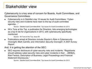 Cybersecurity is a key area of concern for Boards, Audit Committees, and
Governance Committees:
 Cybersecurity is in Deloitte’s top 10 issues for Audit Committees: “Cyber-
security risks and incidents have risen to the top of audit committee
agendas…”
Source: Deloitte Audit Committee Brief, Top Issues for Audit Committees for 2013.
 IIA’s Tone at the Top, a publication for Directors, lists emerging technologies
as a top 8 risk for organizations in 2013, with cybersecurity specifically
mentioned.
Source: IIA Tone at the Top, Issue 59
 Publications aimed at Directors include Director’s Role in Cybersecurity
Oversight, Mark Camillo; and Information Security Oversight: A 2007 Survey
Report.
And, It is getting the attention of the SEC:
 SEC requires disclosure of cyber-security risks and incidents: “Registrants
should address cyber-security risks and cyber incidents in their …(MD&A),
Risk Factors, Description of Business, Legal Proceedings and Financial
Statement Disclosures.”
Source: Deloitte Audit Committee Brief, Top Issues for Audit Committees for 2013.
Stakeholder view
Internal Audit Services| Page 9
 
