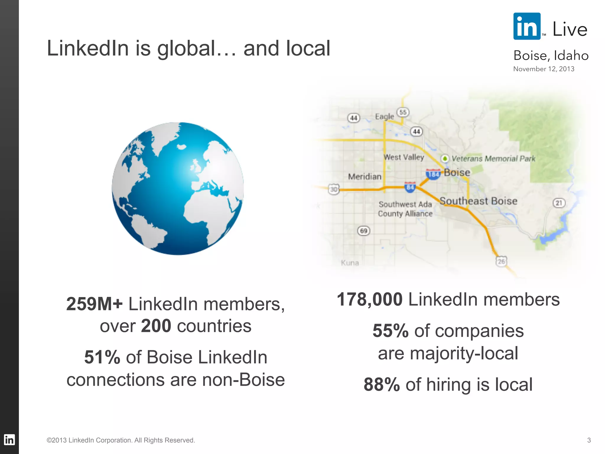 LinkedIn is global… and local

Live
Boise, Idaho
November 12, 2013

259M+ LinkedIn members,
over 200 countries
51% of Boise LinkedIn
connections are non-Boise

©2013 LinkedIn Corporation. All Rights Reserved.

178,000 LinkedIn members
55% of companies
are majority-local
88% of hiring is local
3

 